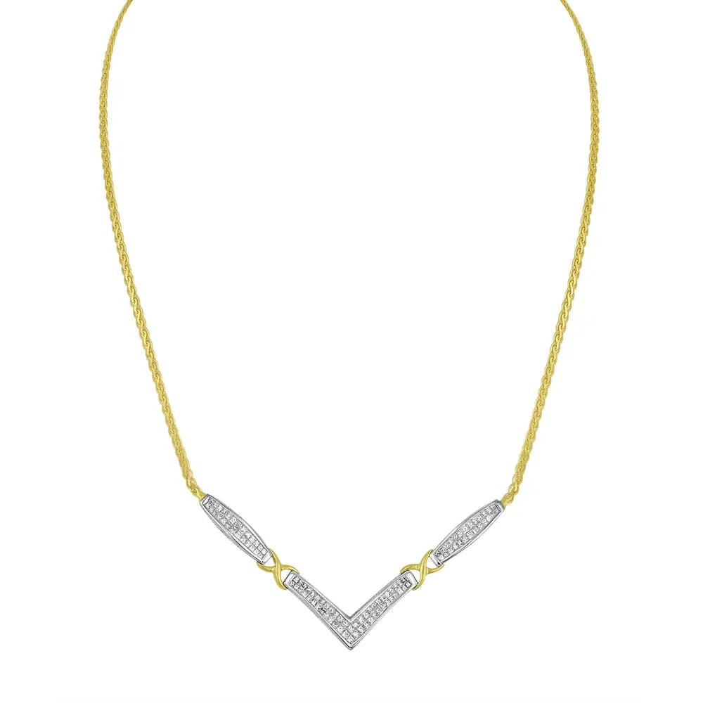 14k Yellow and White Gold 2.0 Cttw Princess Cut Diamond Flared X-station v Shaped 18” Franco Chain Statement Necklace