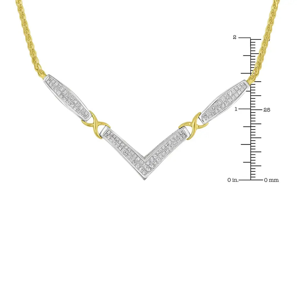 14k Yellow and White Gold 2.0 Cttw Princess Cut Diamond Flared X-station v Shaped 18” Franco Chain Statement Necklace