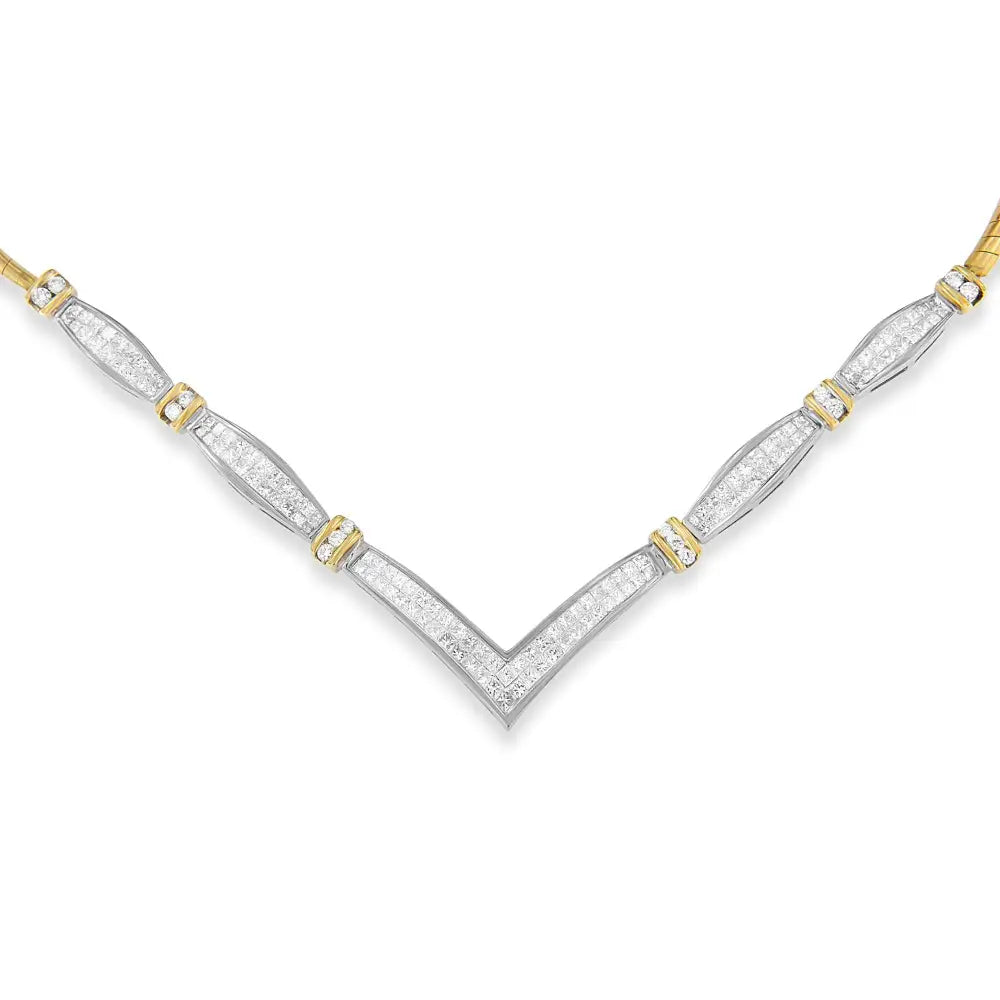 14k Yellow and White Gold 3.00 Cttw Round Princess Cut Diamond ?V’ Shape Statement Necklace (h-i Color Si2-i1