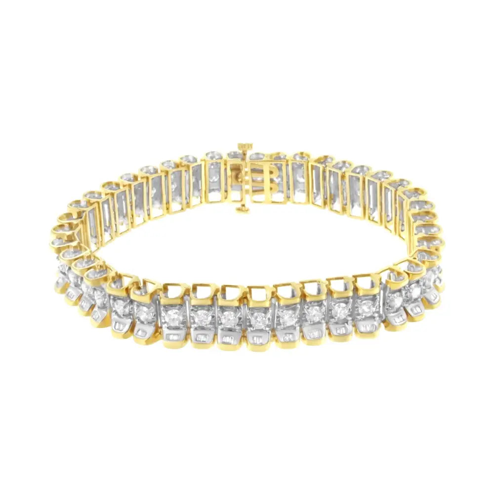 14k Yellow and White Gold 5.0 Cttw Round & Baguette Cut Diamond 7’’ Reflective Tennis Bracelet (h-i Color I1-i2