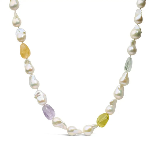 14k Yellow Citrine Amethyst and Baroque Pearl Strand Necklace - 18’’ Inches - Fine Jewelry us Direct