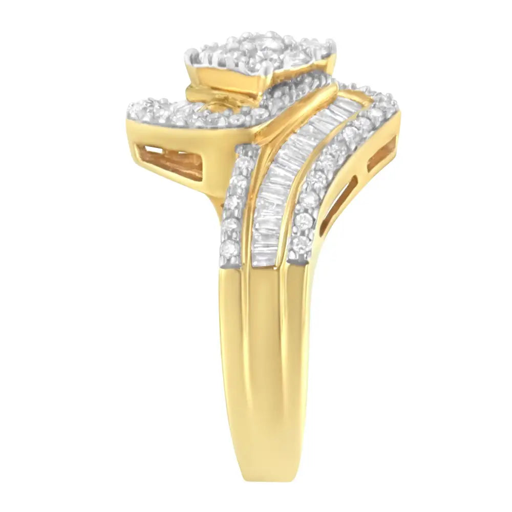 14k Yellow Gold 1.0 Cttw Baguette & Brilliant-cut Diamond Round Floral Cluster Engagement or Fashion Ring with Swirl