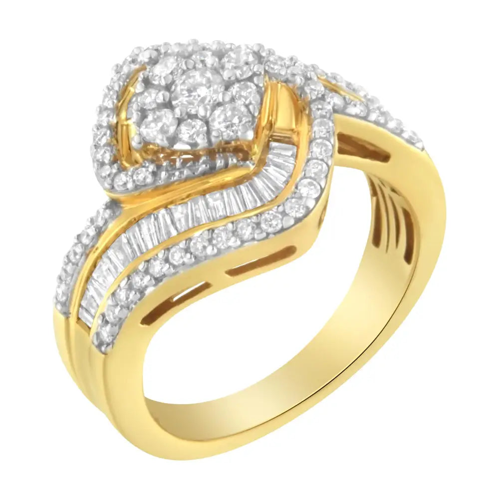 14k Yellow Gold 1.0 Cttw Baguette & Brilliant-cut Diamond Round Floral Cluster Engagement or Fashion Ring with Swirl