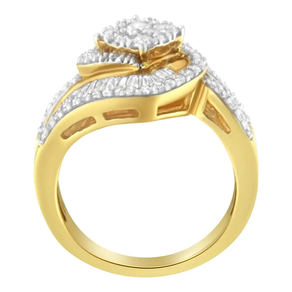 14k Yellow Gold 1.0 Cttw Baguette & Brilliant-cut Diamond Round Floral Cluster Engagement or Fashion Ring with Swirl