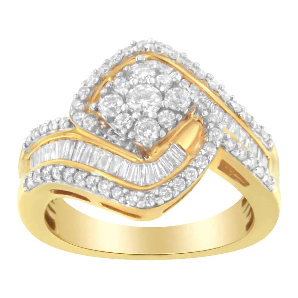 14k Yellow Gold 1.0 Cttw Baguette & Brilliant-cut Diamond Round Floral Cluster Engagement or Fashion Ring with Swirl