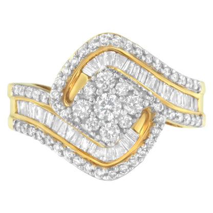 14k Yellow Gold 1.0 Cttw Baguette & Brilliant-cut Diamond Round Floral Cluster Engagement or Fashion Ring with Swirl