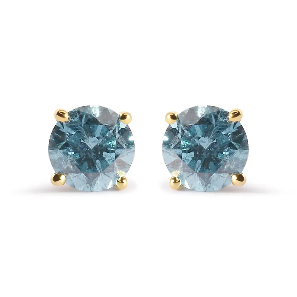 14k Yellow Gold 1.0 Cttw Treated Aqua Blue Diamond Classic Solitaire Stud Earrings (aqua Color I2-i3 Clarity) - Fine