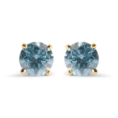 14k Yellow Gold 1.0 Cttw Treated Aqua Blue Diamond Classic Solitaire Stud Earrings (aqua Color I2-i3 Clarity) - Fine