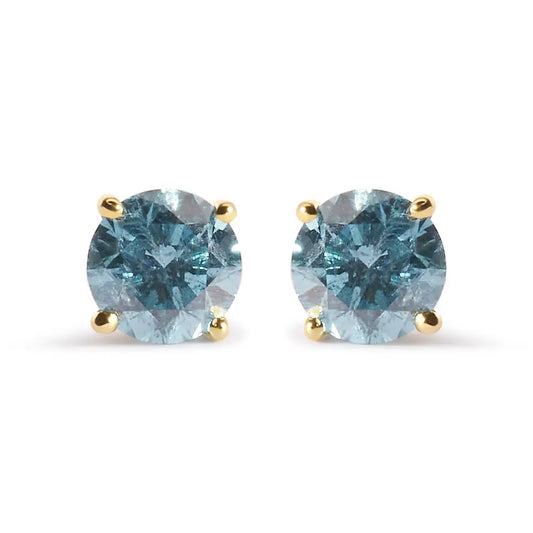 14k Yellow Gold 1.0 Cttw Treated Aqua Blue Diamond Classic Solitaire Stud Earrings (aqua Color I2-i3 Clarity) - Fine