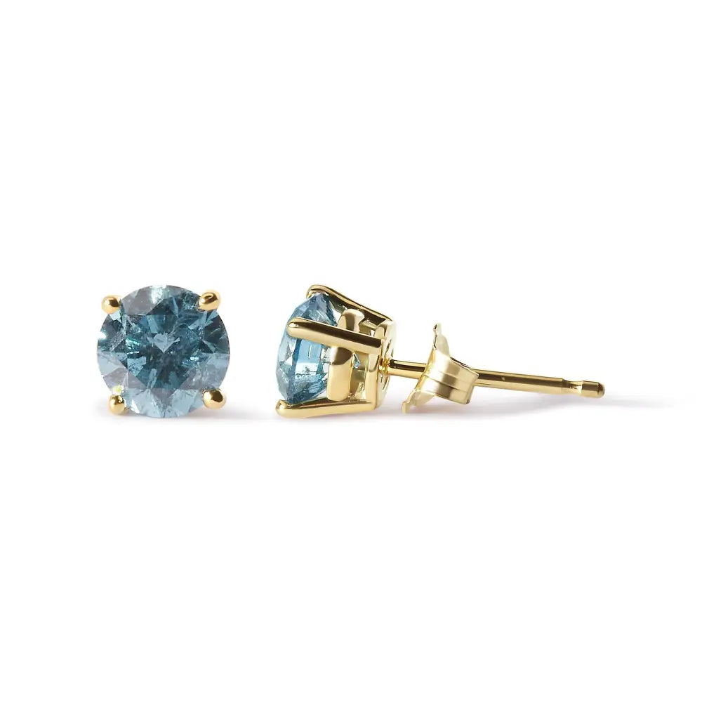 14k Yellow Gold 1.0 Cttw Treated Aqua Blue Diamond Classic Solitaire Stud Earrings (aqua Color I2-i3 Clarity) - Fine