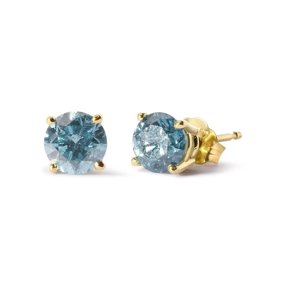 14k Yellow Gold 1.0 Cttw Treated Aqua Blue Diamond Classic Solitaire Stud Earrings (aqua Color I2-i3 Clarity) - Fine