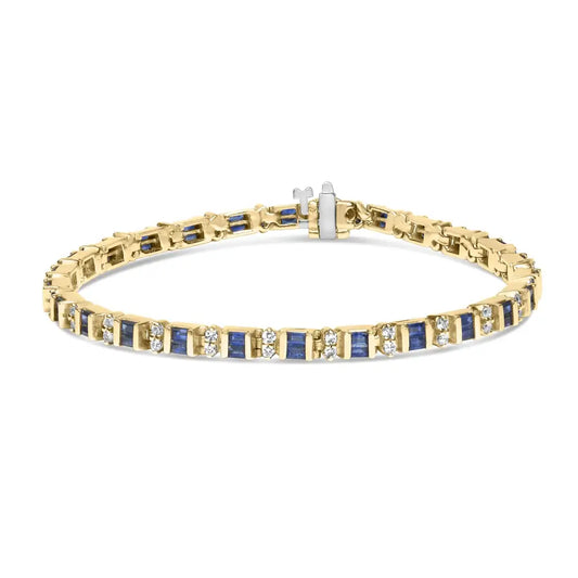 14k Yellow Gold 1.00 Cttw Diamond and Alternating Blue Sapphire Link Bracelet (h-i Color Si1-si2 Clarity) - 7’’