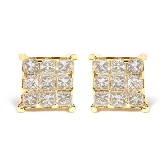 14k Yellow Gold 1 1/2 Cttw Invisible Set Princess-cut Diamond 9 Stone Square Stud Earrings (j-k Color Si2-i1 Clarity)