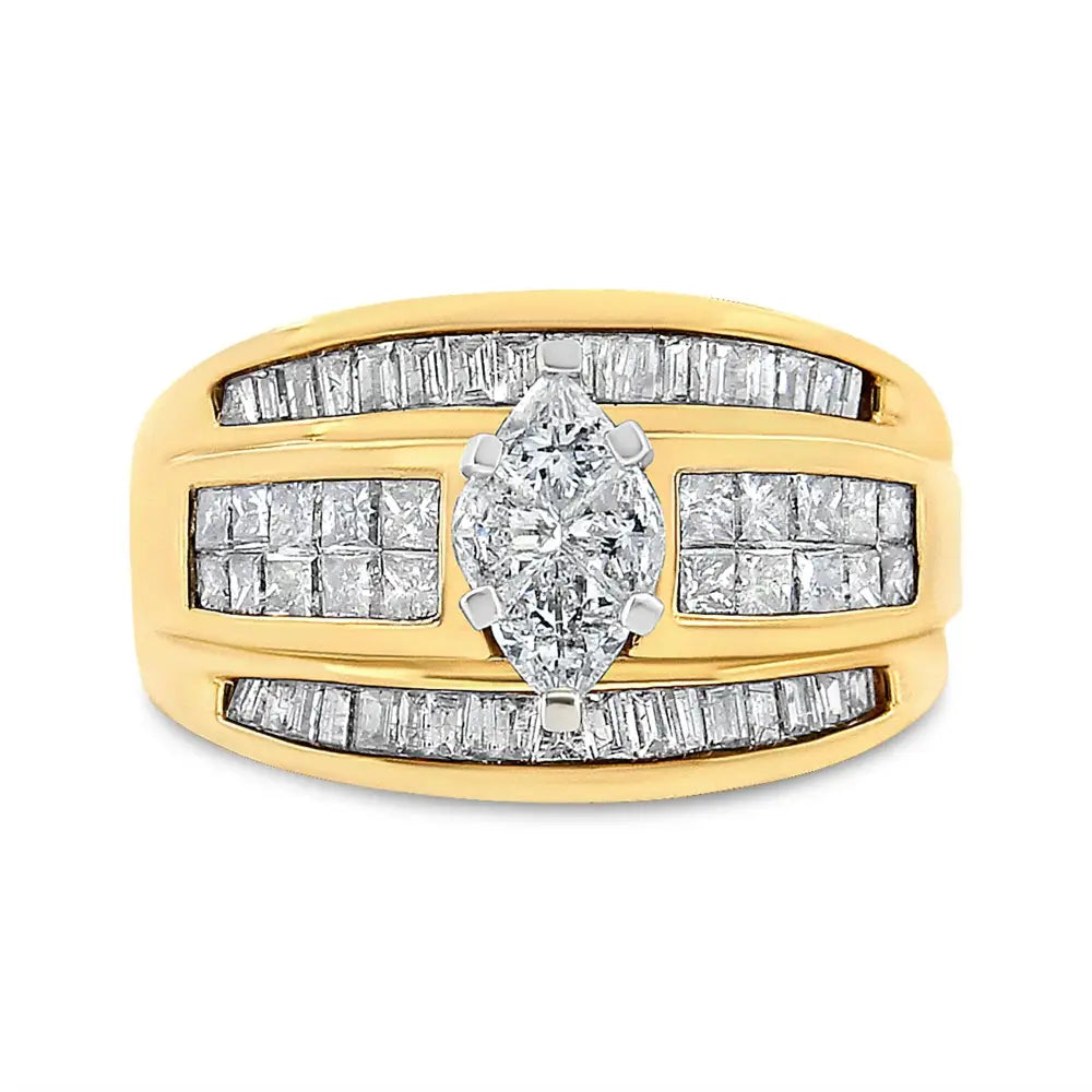 14k Yellow Gold 1 1/2 Cttw Pie Princess and Baguette-cut Diamond Marquise Shaped Engagement Cocktail Ring Band (h-i