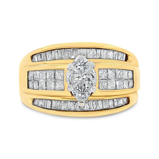 14k Yellow Gold 1 1/2 Cttw Pie Princess and Baguette-cut Diamond Marquise Shaped Engagement Cocktail Ring Band (h-i