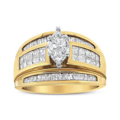 14k Yellow Gold 1 1/2 Cttw Pie Princess and Baguette-cut Diamond Marquise Shaped Engagement Cocktail Ring Band (h-i