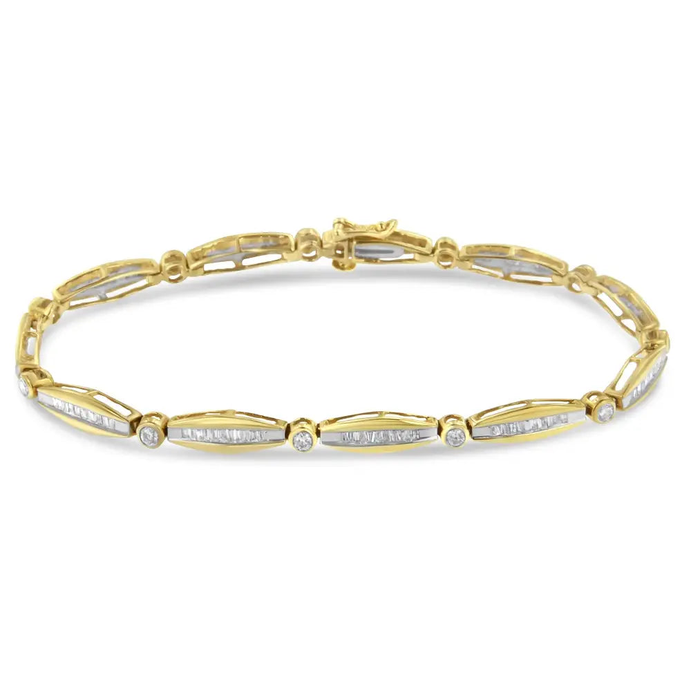 14k Yellow Gold 1-1/2 Cttw Round Brilliant-cut & Baguette Cut Diamond Bezel and Tapered Link 7’’ Tennis Bracelet