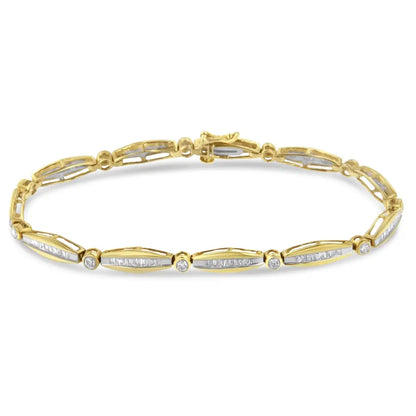 14k Yellow Gold 1-1/2 Cttw Round Brilliant-cut & Baguette Cut Diamond Bezel and Tapered Link 7’’ Tennis Bracelet