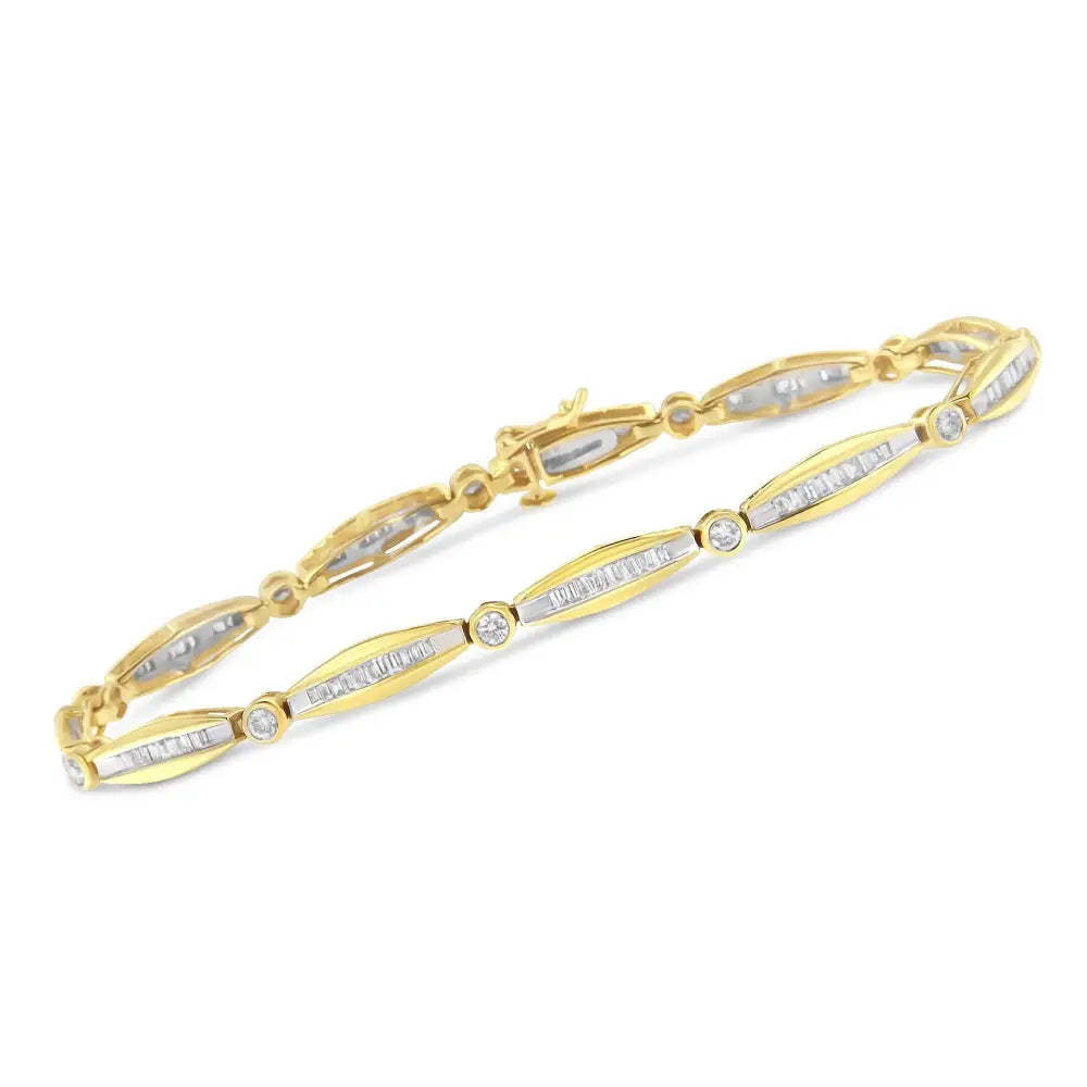 14k Yellow Gold 1-1/2 Cttw Round Brilliant-cut & Baguette Cut Diamond Bezel and Tapered Link 7’’ Tennis Bracelet