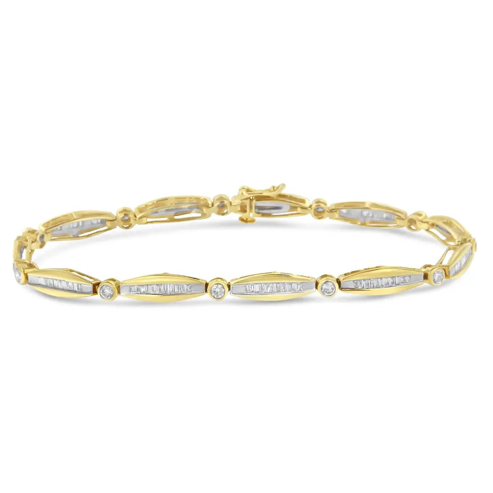 14k Yellow Gold 1-1/2 Cttw Round Brilliant-cut & Baguette Cut Diamond Bezel and Tapered Link 7’’ Tennis Bracelet