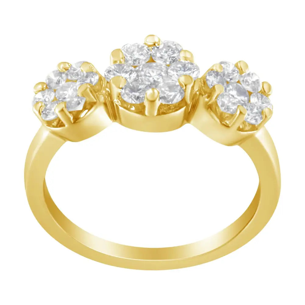 14k Yellow Gold 1-1/4 Cttw Brilliant Cut Diamond Three Round Floral Clusters Engagement or Fashion Ring (h-i Color