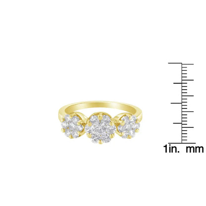 14k Yellow Gold 1-1/4 Cttw Brilliant Cut Diamond Three Round Floral Clusters Engagement or Fashion Ring (h-i Color