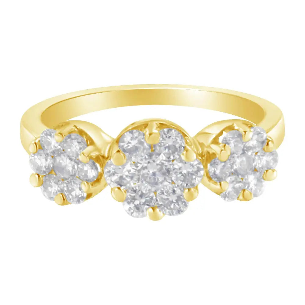 14k Yellow Gold 1-1/4 Cttw Brilliant Cut Diamond Three Round Floral Clusters Engagement or Fashion Ring (h-i Color