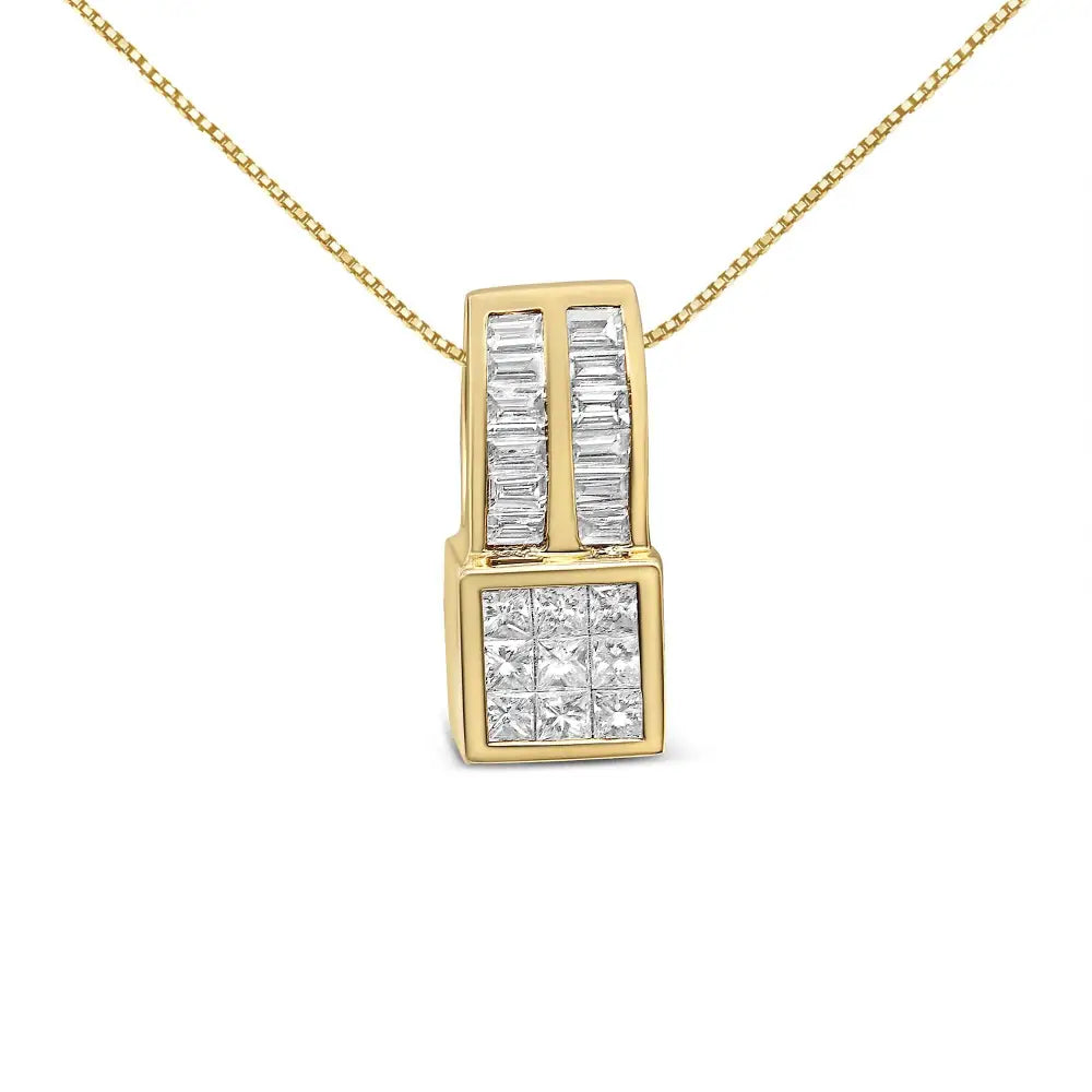 14k Yellow Gold 1 1/4 Cttw Princess and Baguette Cut Geometric Inspired Diamond Pendant Necklace (h-i Vs1-vs2) - Fine