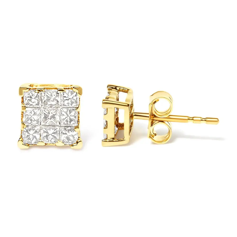 14k Yellow Gold 1/2 Cttw Invisible Set Princess-cut Diamond 9 Stone Square Stud Earrings (j-k Color Si2-i1 Clarity)