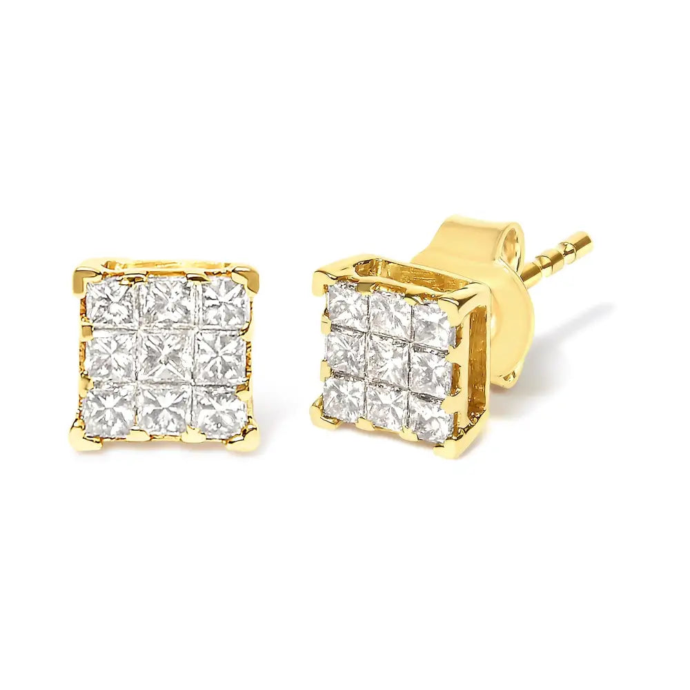 14k Yellow Gold 1/2 Cttw Invisible Set Princess-cut Diamond 9 Stone Square Stud Earrings (j-k Color Si2-i1 Clarity)