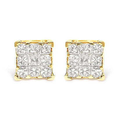 14k Yellow Gold 1/2 Cttw Invisible Set Princess-cut Diamond 9 Stone Square Stud Earrings (j-k Color Si2-i1 Clarity)