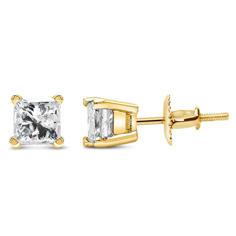 14k Yellow Gold 1/2 Cttw Princess Cut Diamond Solitaire Stud Earrings with Screwbacks (i-j Color Si2-i1 Clarity) - Fine