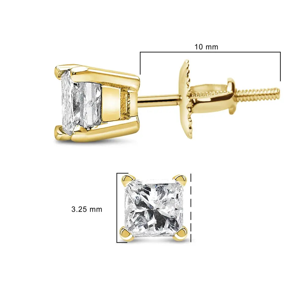 14k Yellow Gold 1/2 Cttw Princess Cut Diamond Solitaire Stud Earrings with Screwbacks (i-j Color Si2-i1 Clarity) - Fine