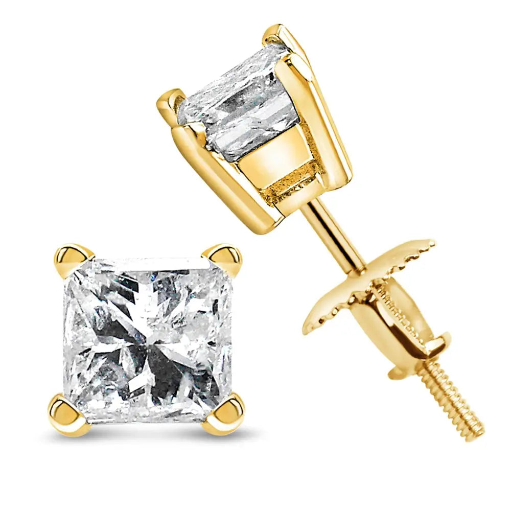 14k Yellow Gold 1/2 Cttw Princess Cut Diamond Solitaire Stud Earrings with Screwbacks (i-j Color Si2-i1 Clarity) - Fine