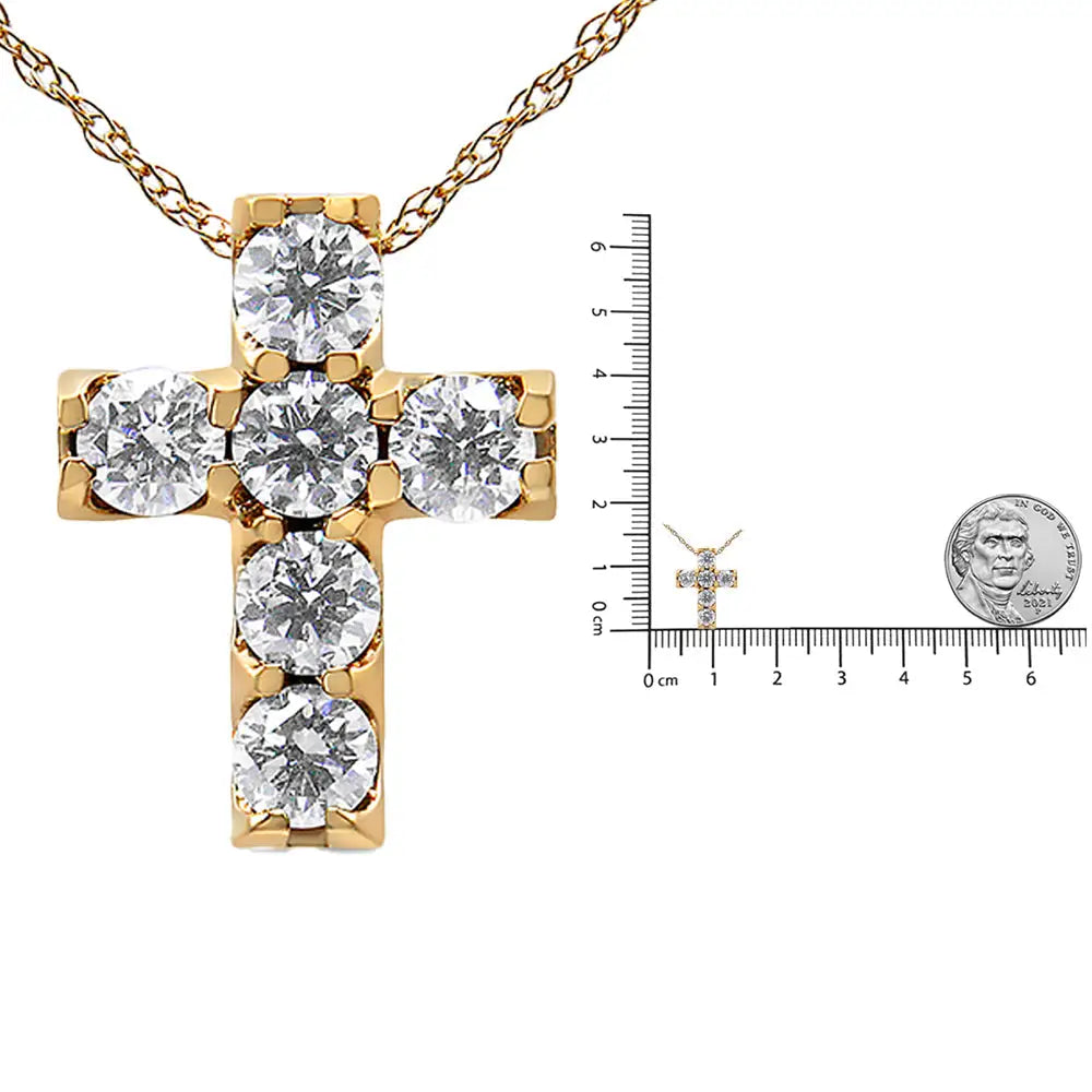 14k Yellow Gold 1/2 Cttw Round Brilliant Cut Diamond Mini Cross 18’’ Pendant Necklace (j-k Color Vs2-si1 Clarity)