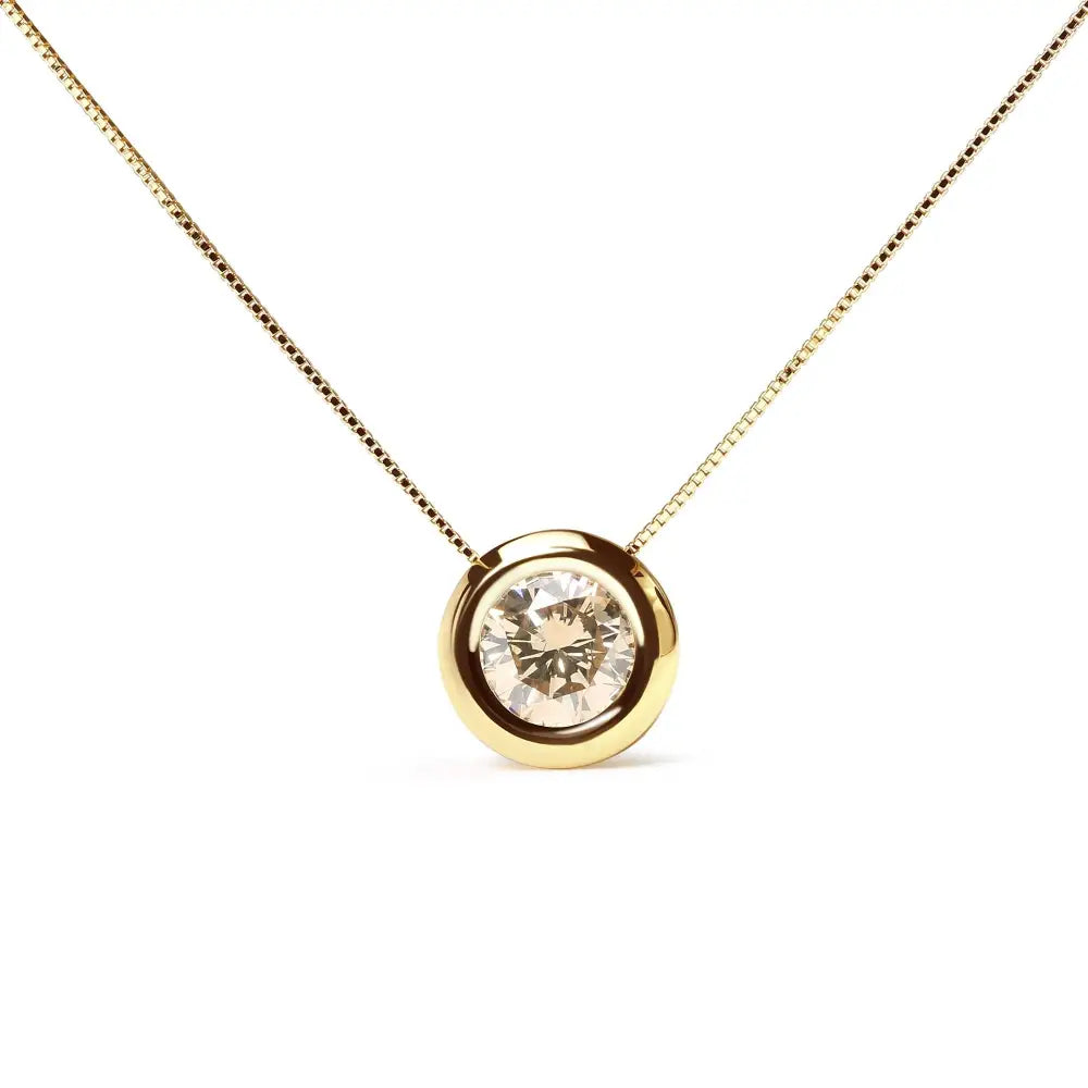 14k Yellow Gold 1 3/8 Cttw Bezel Set Round Champagne Diamond Solitaire 18’’ Pendant Necklace (champagne Color