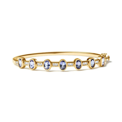 14k Yellow Gold 1/3 Cttw Round-cut Diamond and 5mm Oval-cut Blue Tanzanite Gemstone Bangle Bracelet (h-i Color I1-i2