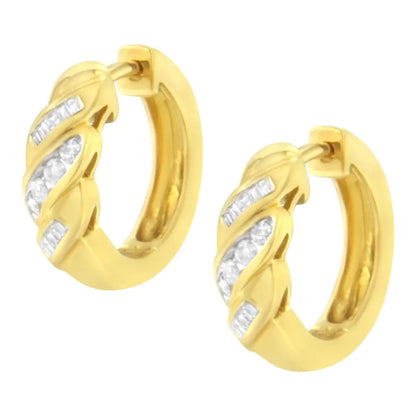 14k Yellow Gold 1/4 Ct Tdw Alternating 3 Row Baguette & Round Brilliant-cut Diamond Huggy Hoop Earrings (h-i I2-i3)