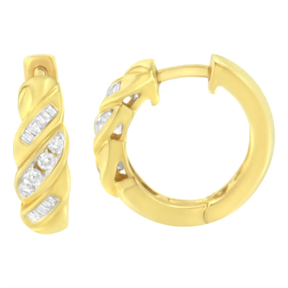 14k Yellow Gold 1/4 Ct Tdw Alternating 3 Row Baguette & Round Brilliant-cut Diamond Huggy Hoop Earrings (h-i I2-i3)