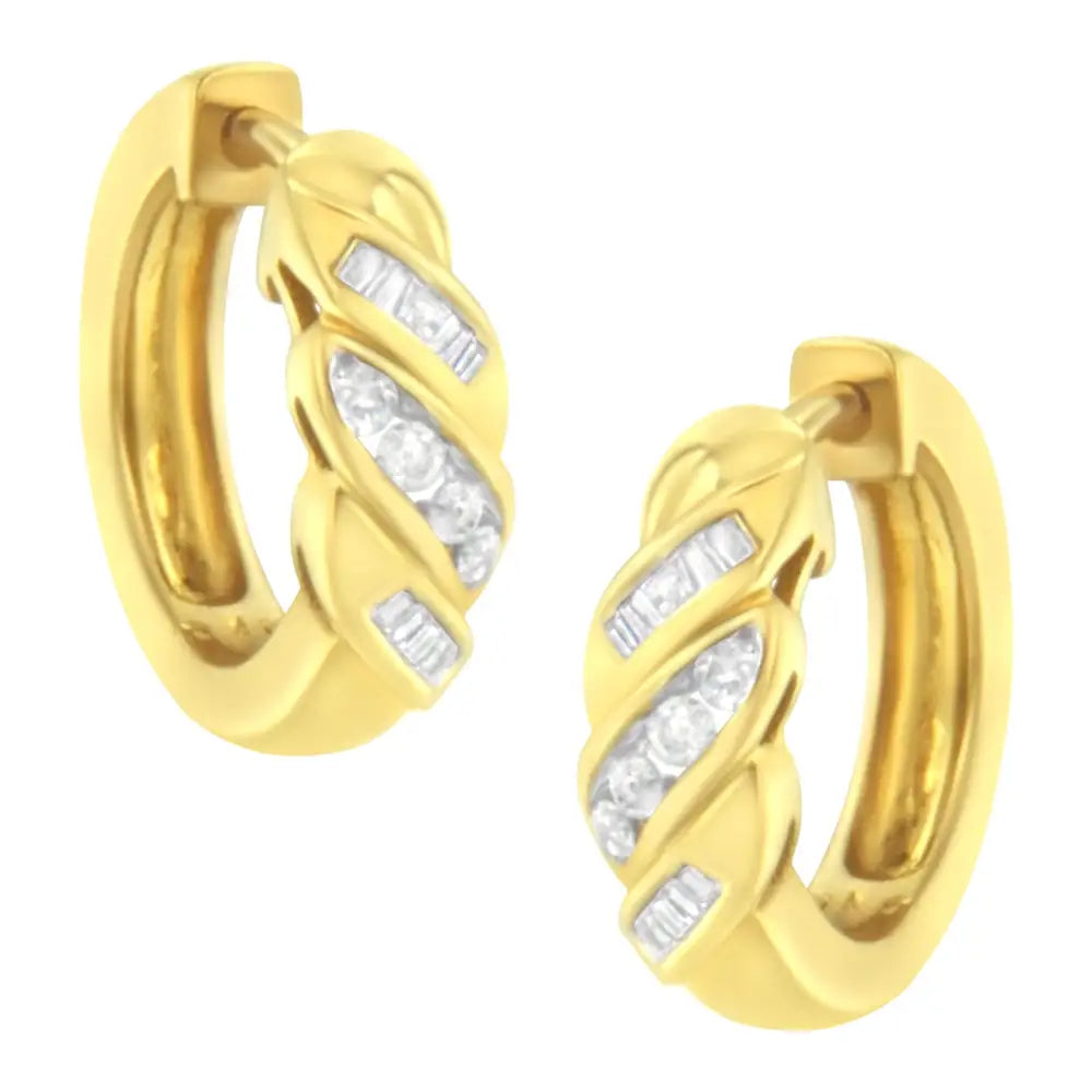 14k Yellow Gold 1/4 Ct Tdw Alternating 3 Row Baguette & Round Brilliant-cut Diamond Huggy Hoop Earrings (h-i I2-i3)