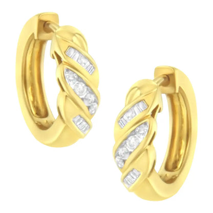 14k Yellow Gold 1/4 Ct Tdw Alternating 3 Row Baguette & Round Brilliant-cut Diamond Huggy Hoop Earrings (h-i I2-i3)