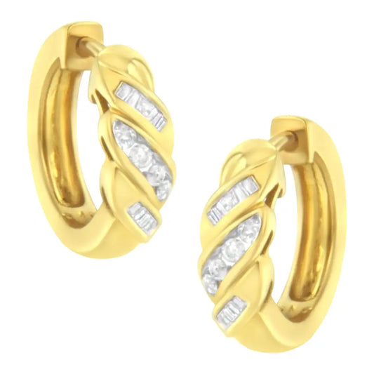 14k Yellow Gold 1/4 Ct Tdw Alternating 3 Row Baguette & Round Brilliant-cut Diamond Huggy Hoop Earrings (h-i I2-i3)