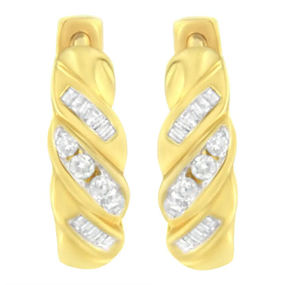 14k Yellow Gold 1/4 Ct Tdw Alternating 3 Row Baguette & Round Brilliant-cut Diamond Huggy Hoop Earrings (h-i I2-i3)