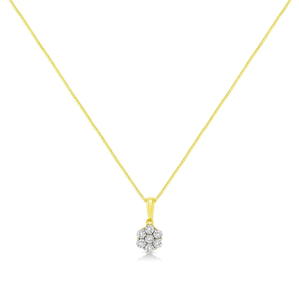 14k Yellow Gold 1/4 Cttw Prong Set Round-cut Diamond 7 Stone Floral Cluster 18’’ Pendant Necklace (h-i Color I1-i2