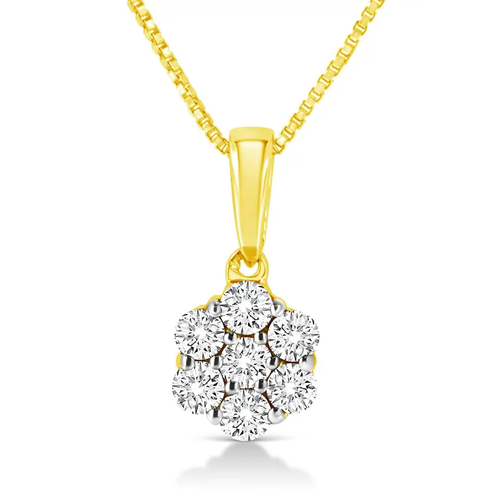 14k Yellow Gold 1/4 Cttw Prong Set Round-cut Diamond 7 Stone Floral Cluster 18’’ Pendant Necklace (h-i Color I1-i2