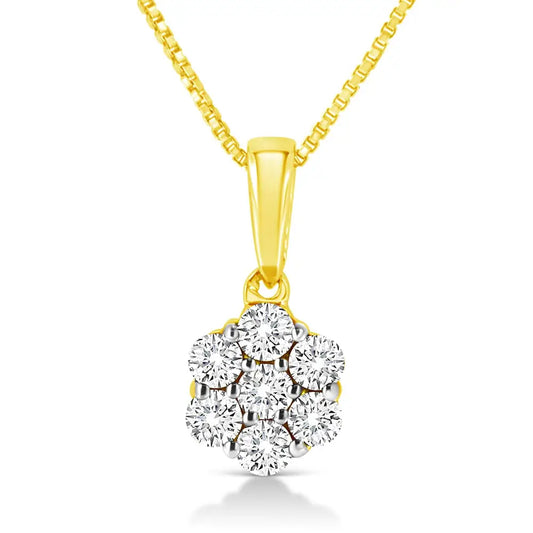 14k Yellow Gold 1/4 Cttw Prong Set Round-cut Diamond 7 Stone Floral Cluster 18’’ Pendant Necklace (h-i Color I1-i2