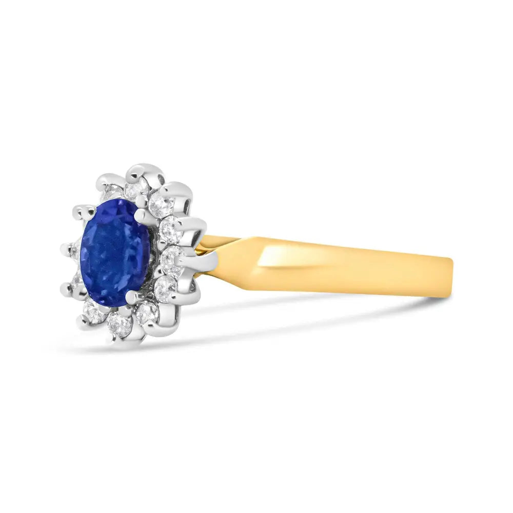 14k Yellow Gold 1/5 Cttw Round Diamond and 6x4mm Oval Blue Tanzanite Halo Ring (h-i Color I1-i2 Clarity) - Fine Jewelry