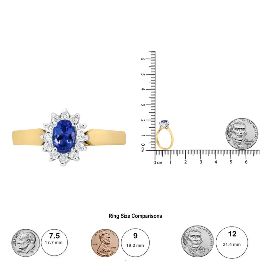 14k Yellow Gold 1/5 Cttw Round Diamond and 6x4mm Oval Blue Tanzanite Halo Ring (h-i Color I1-i2 Clarity) - Fine Jewelry