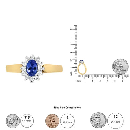 14k Yellow Gold 1/5 Cttw Round Diamond and 6x4mm Oval Blue Tanzanite Halo Ring (h-i Color I1-i2 Clarity) - Fine Jewelry