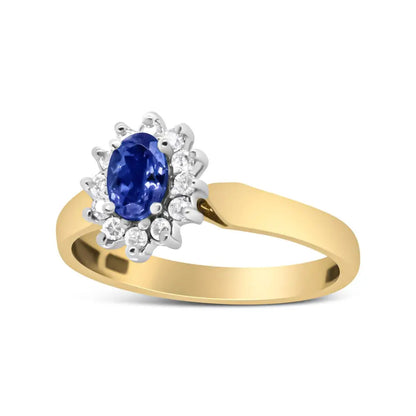 14k Yellow Gold 1/5 Cttw Round Diamond and 6x4mm Oval Blue Tanzanite Halo Ring (h-i Color I1-i2 Clarity) - Fine Jewelry